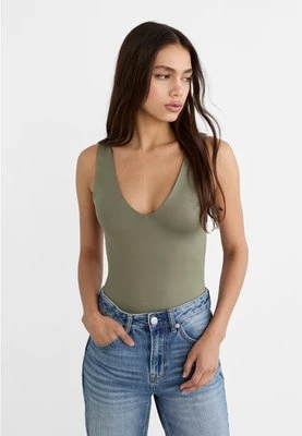 Stradivarius Body z poliamidu z dekoltem w serek  Khaki