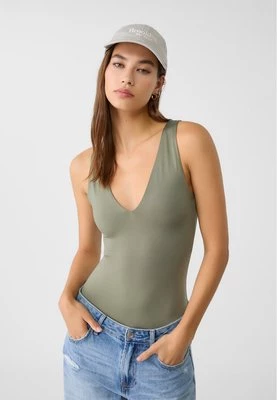 Stradivarius Body z poliamidu z dekoltem w serek  Khaki