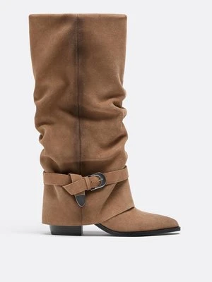 Stradivarius Botki na obcasie joots skóra  BEŻOWY