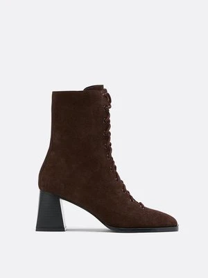 Stradivarius Botki na obcasie ze skóry sznurowane  BRĄZOWY