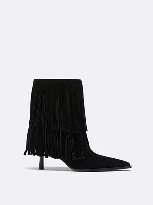 Stradivarius Botki na szpilce z frędzlami skórzane  Czarny