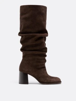 Stradivarius Botki skórzane na obcasie slouchy  BRĄZOWY