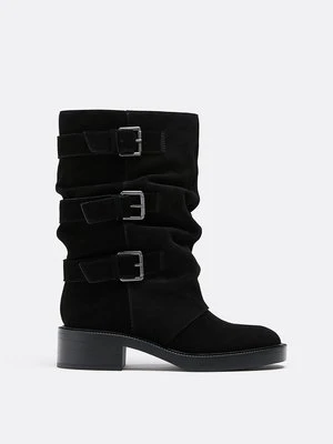 Stradivarius Botki skórzane z klamrami  Czarny