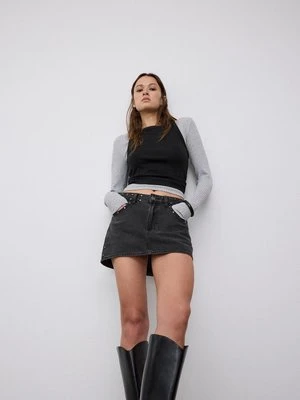 Stradivarius D62 Spódnico-spodnie dżinsowe z ćwiekami  CZARNY DENIM Z EFEKTEM SPRANIA