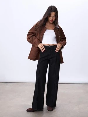 Stradivarius D63 Jeansy wide leg z przeszyciami  CZARNY DENIM Z EFEKTEM SPRANIA