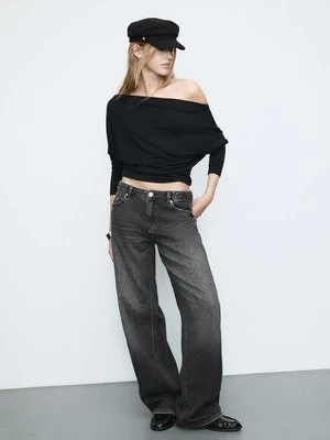 Stradivarius D91 Jeansy low wide leg  CZARNY DENIM