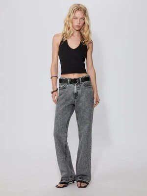 Stradivarius D92 jeansy o prostym kroju typu wide leg  CZARNY DENIM Z EFEKTEM SPRANIA