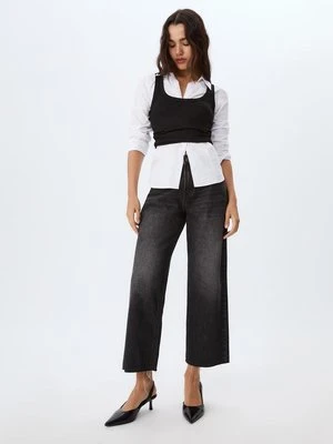 Stradivarius D96 Jeansy o kroju straight cropped  CZARNY DENIM Z EFEKTEM SPRANIA