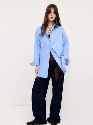 Stradivarius Długa koszula popelinowa w paski  Błękitny