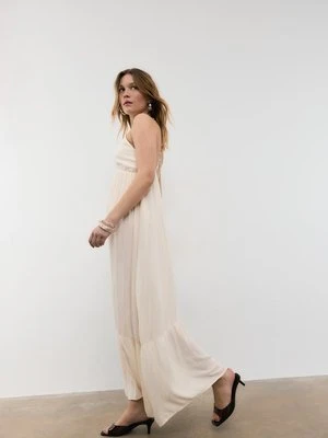 Stradivarius Długa sukienka z bambuli na ramiączkach z koralikami  Waniliowy