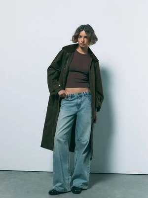 Stradivarius Długa woskowana parka z odpinanym kapturem  Khaki