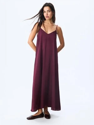 Stradivarius Długa, zwiewna sukienka satynowa  Fioletowy