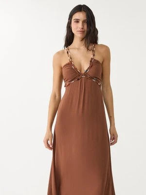 Stradivarius Długa, zwiewna sukienka z koralikami  Brązowy