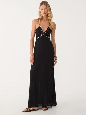 Stradivarius Długa, zwiewna sukienka z koralikami  Czarny