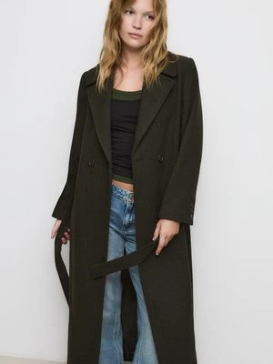 Stradivarius Długi płaszcz z paskiem  Khaki