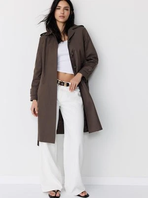 Stradivarius Długi trencz jednorzędowy  Brązowy