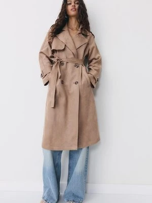 Stradivarius Długi trencz z efektem sztucznego zamszu  Karmelowy