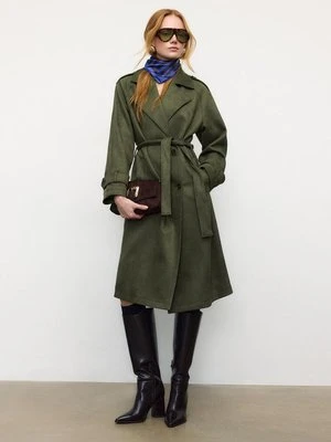 Stradivarius Długi trencz ze sztucznego zamszu  Oliwkowy