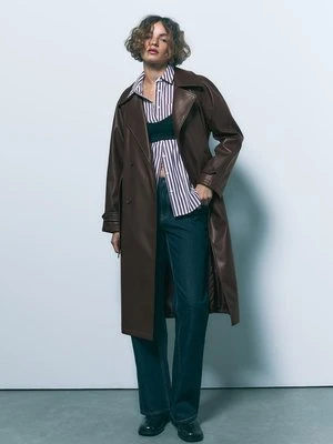 Stradivarius Długi trencz ze sztucznej skóry  Brązowy