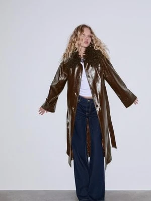 Stradivarius Długi trencz ze sztucznej skóry  Brązowy