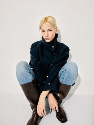 Stradivarius Dwurzędowa kurtka z golfem, miękka w dotyku  Morski