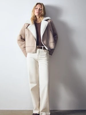 Stradivarius Dwustronna kurtka biker imitująca zamsz  Ecru