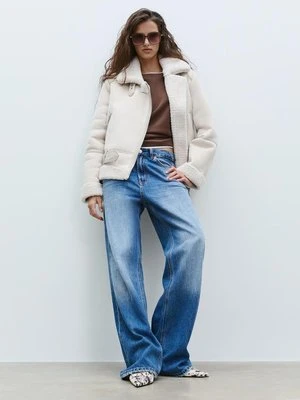 Stradivarius Dwustronna kurtka biker ze sztucznego zamszu  Ecru