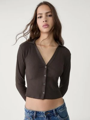 Stradivarius Dzianinowa koszulka polo z guzikami  Brązowy