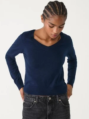 Stradivarius Dzianinowy sweter basic z dekoltem w serek  Morski