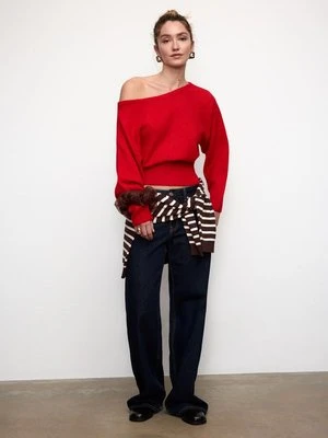 Stradivarius Dzianinowy sweter z dekoltem łódką  Czerwony