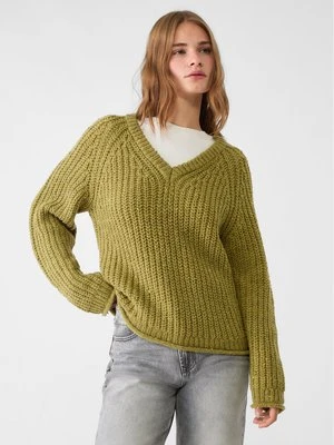 Stradivarius Dzianinowy sweter z dekoltem w serek  Oliwkowy