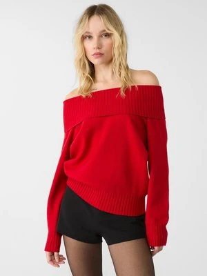 Stradivarius Dzianinowy sweter z odkrytymi ramionami  Czerwony