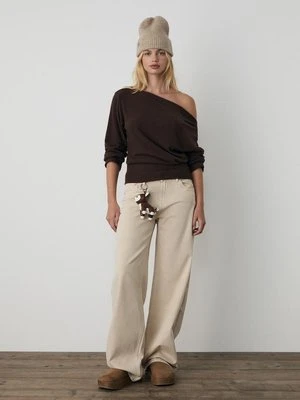 Stradivarius Dzianinowa koszulka z dekoltem łódkowym i paskiem  Brązowy