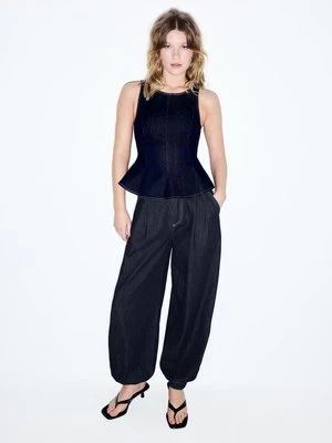 Stradivarius Jeansowy top z baskinką bez rękawów  NIEBIESKI DENIM OVERDYED