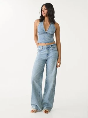 Stradivarius Jeansowy top z dekoltem halter i zdobieniami  Jasnoniebieski