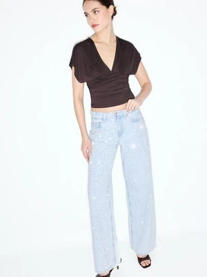 Stradivarius Jeansy low waist wide leg z brokatem  ŚREDNIOJASNY NIEBIESKI DENIM