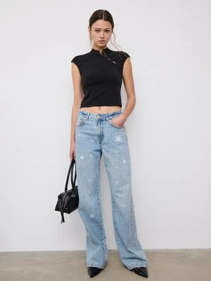 Stradivarius Jeansy straight fit z błyszczącymi aplikacjami  ŚREDNI NIEBIESKI DENIM