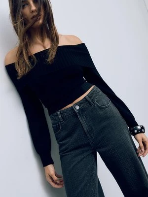 Stradivarius Jeansy straight fit z błyszczącymi elementami  CZARNY DENIM