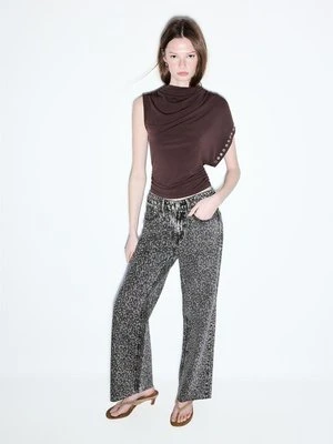 Stradivarius Jeansy Straight Wide w cętki  CZARNY DENIM Z EFEKTEM SPRANIA