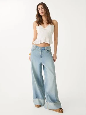 Stradivarius Jeansy z szerokimi i podwiniętymi nogawkami  Niebieski denim