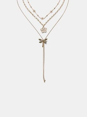 Stradivarius Komplet 3 naszyjników z kwiatem i ważką  Złoty