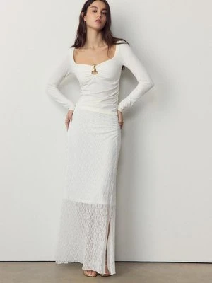 Stradivarius Koronkowa spódnica midi z marszczeniem  Ecru