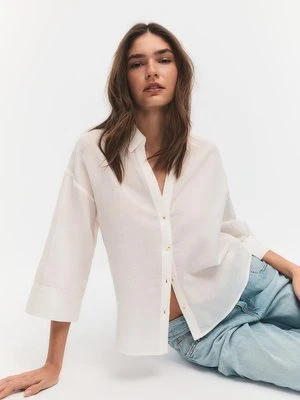 Stradivarius Koszula z kimonowym rękawem z efektem lnu  Biały