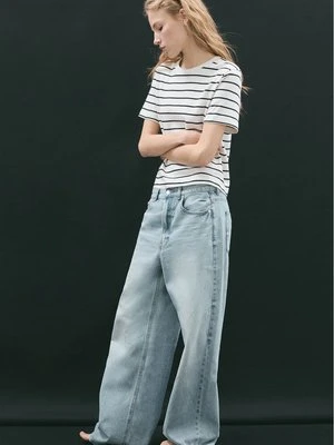 Stradivarius Koszulka basic o kroju regular fit heavy weight w paski  Ecru