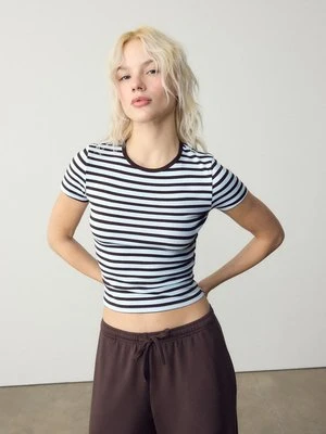 Stradivarius Koszulka basic slim fit w paski  Jasnobłękitny