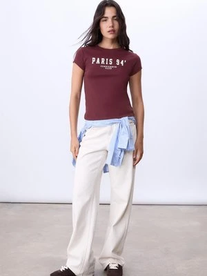 Stradivarius Koszulka fitted z tekstem  Fioletowy