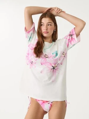 Stradivarius Koszulka oversize z grubej bawełnianej tkaniny z nadrukiem  Pastelowy róż