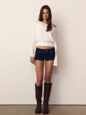 Stradivarius Koszulka z długim rękawem, dekoltem łódką i paskiem  Ecru