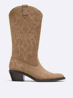 Stradivarius Kowbojskie buty ze skóry  BEŻOWY