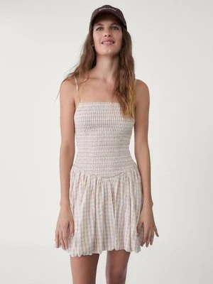 Stradivarius Krótka bufiasta sukienka w kratkę vichy  Ecru